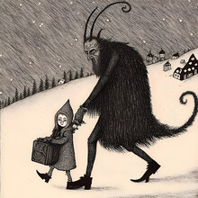 Vintage Illustration Of A Small Schoolgirl Leading Krampus By The Hand. [Digital Art Painting, Sci-Fi Fantasy Horror Background, Graphic Novel, Postcard, Or Product Image]