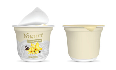 Sticker - Realistic Detailed 3d Open Greek Vanilla Yogurt Packaging Container and Empty Template Mockup Set. Vector illustration