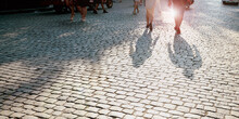 Long Shadows From People Silhouettes Fallen On Cobblestone Sidewalk At Sunny Day