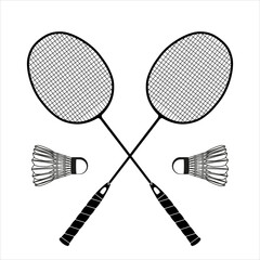 Flat black badminton rackets and shuttlecock black silhouettes, vector illustration isolated on white background. Essential badminton sport game equipment. Vector icon for app	