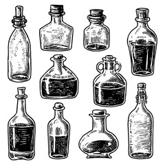 Wall Mural - Vector illustration of a different bottles set. Vintage engraving style.