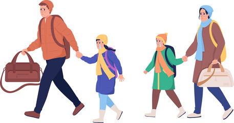 Wall Mural - Family running away from war semi flat color raster characters. Sad figures. Full body people on white. Russian invasion. Simple cartoon style illustration for web graphic design and animation