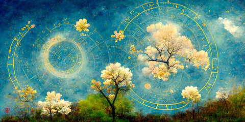 a beautiful and poetic view of a spring sky, with a circular zodiac filled with flowers and symbols 