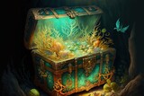 A open pirate chest sunken underwater with corals