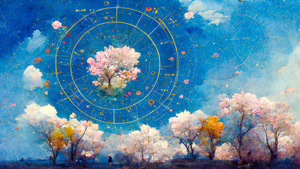 A beautiful spring sky is depicted with a circular zodiac. Flowers and symbols of spring are included for people's horoscopes associated with this season.