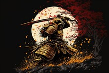 A Golden Samurai Fighting With A Katana, Black Background With White A Moon And Blood Red Tree Leaves