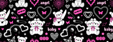 Y2k Pink Goth Semless Pattern. Butterfly Kawaii Bear Chain Heart Tattoo And Other Elements In Trendy Emo Goth 2000s Style. Vector Hand Drawn Background. 90s, 00s Aesthetic. Pink, Black, White Colors.