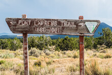 Old Wooden Sign Reading Pony Express Trail, Elko, Nevada, USA