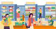 © Vectorwonderland - Group of people character together buy food product in grocery store, local supermarket with foodstuff flat vector illustration.