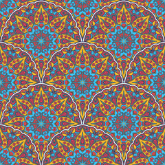 Wall Mural - Seamless ornamental oriental pattern. Repeating geometric tiles with mandala. Vector laced decorative background with floral and geometric ornament. Indian or Arabic motive. Boho festival style