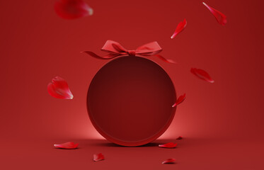 Wall Mural - 3D podium, display, background. Red, surprise, open gift box. Rose flower falling petals. Luxury cosmetic product presentation. Abstract, love, valentines day or woman's day. 3D render birthday mockup