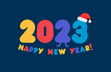 Poster - 2023 numbers in cartoon style with color balloons and Santa hat. Happy New Year event poster, greeting card cover, 2023 calendar design, invitation to celebrate New Year. Vector illustration