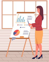 Poster - Manager reports on results of project, looks at diagram talking to colleague, team leader researching statistics from charts. Woman analyzes data scene. Optimization strategy, success business