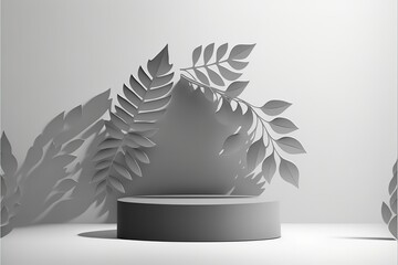 Fototapete - 3d gray background product display podium scene with leaf geometric platform. Podium, pedestal, layout, template for the presentation of a modern exhibition or gallery. 3d illustration