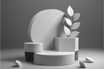 Fototapete - 3d gray background product display podium scene with leaf geometric platform. Podium, pedestal, layout, template for the presentation of a modern exhibition or gallery. 3d illustration