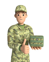 Wall Mural - Smiling male medic in military uniform with first aid kit. Young man in an army soldier's suit. 3d rendering