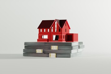 Poster - house model on a bundle of banknotes, money. the concept of paying for a house, buying houses on a l