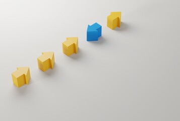 Poster - Arrows arranged in a series point in one direction and one arrow in the opposite direction. The concept of growth, business inhibition, step back. 3D render, 3D illustration.