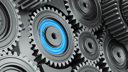 Wall Mural - Dark mechanical background with many gears. Emphasis on the blue special detail close-up. 3d render