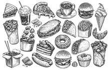 Food And Drinks Illustration Set. Hand Drawn Items Collection In Sketch Style For Design Menu Of Restaurant Or Diner