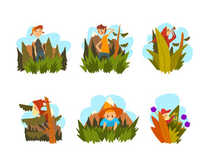 Poster - Tiny Fairy People Walking in Tall Grass and Sitting on Fir Tree Vector Set