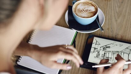 Aufkleber - Architect, cafe and tablet with woman hands working on floor plan, design and planning idea. Coffee shop, architecture and digital illustration brainstorming for expert building renovation.