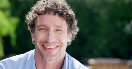 Canvas Print - Portrait, mature face and happy man in garden, park and nature for fresh air, freedom or relax with happiness in Germany outdoors. Headshot of smile, funny and laughing guy enjoying summer sunshine