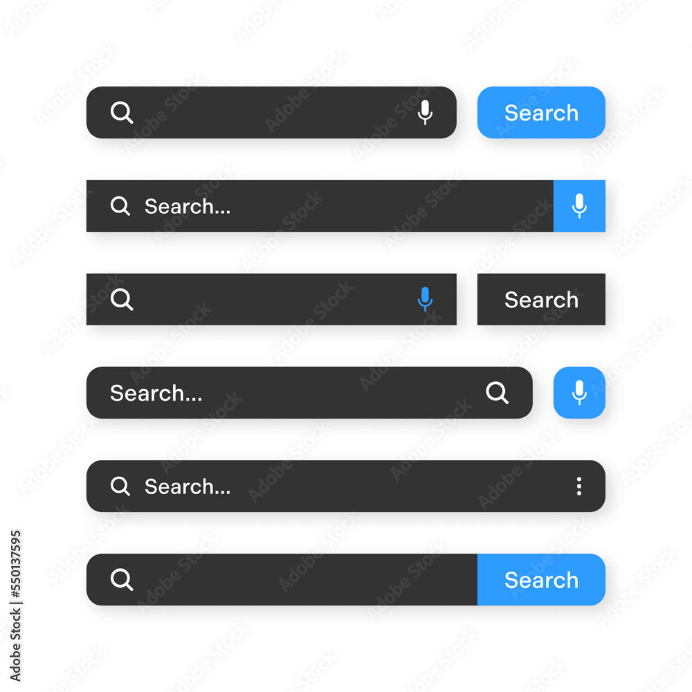 Various search bar templates, dark mode. Internet browser engine with ...