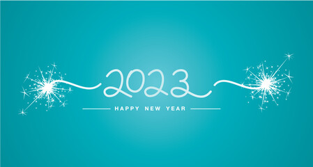 Poster - Happy New Year 2023 handwritten line design tipography numbers sparkle firework sea green aqua color background banner