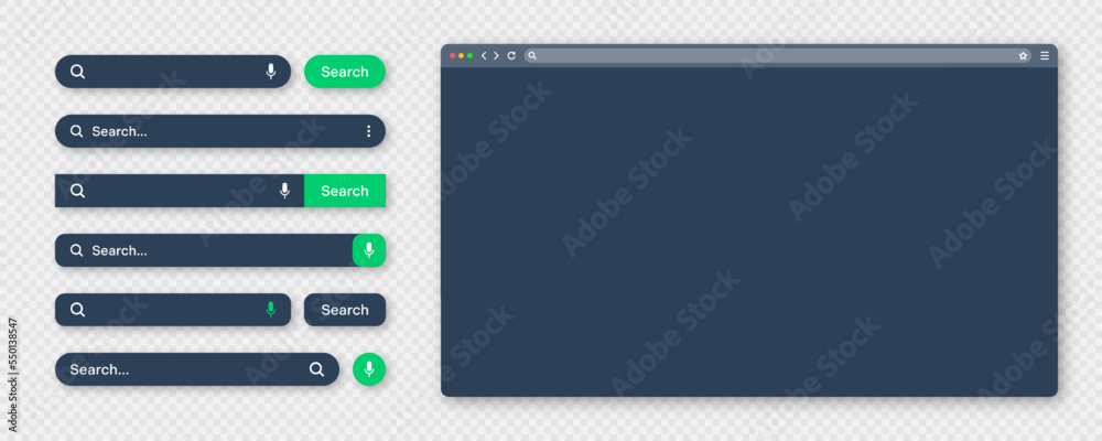 Blank internet browser window with various search bar templates, dark ...