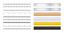 Realistic Metal And Plastic Rulers. Measurement Scales With Divisions. Scale For Measuring Length Or Height In Centimeters, Inches. Ruler, Tape Measure Marks, Size Indicators. Vector Illustration