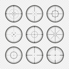 Various weapon sights, sniper rifle optical scopes. Hunting gun viewfinder with crosshair. Aim, shooting mark symbol. Military target sign, silhouette. Game interface UI element. Vector illustration