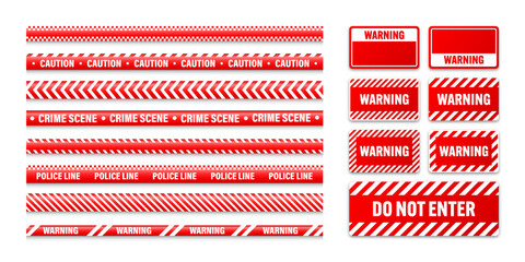 Wall Mural - Various barricade construction tapes and warning shields. Red police warning line, brightly colored danger or hazard stripe, ribbon. Restricted area, zone. Attention symbol. Vector illustration