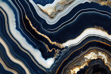 Luxurious Navy Blue Ink Marble-like Abstract Texture With Golden Dust And Agate Stone Swirls And Veins