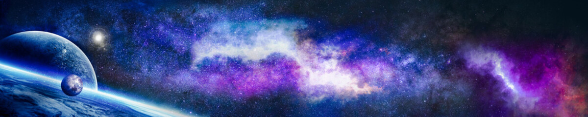 Wall Mural - space scene with planets, nebula, stars and galaxies. panorama. horizontal view for a glass panels (