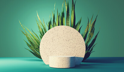 Poster - snake plant with white stone podium - 3d render