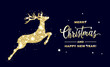 Goldener Hirsch mit Glitzer und Wünsche, Weihnachts-Motiv 
und Weihnachts-Dekoration
Vektor Illustration mit blau-schwarzem Hintergrund
