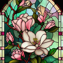 Arch Stained Glass Window Motive With Magnolia Flowers. Digitally Generated Image. Not Based On Any Actual Scene Or Pattern