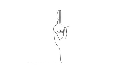 Poster - Animated self drawing of continuous line draw hand holding modern key to unlock door. Hand holds key. Find the key to solve problems, opportunity, business solution. Full length one line animation