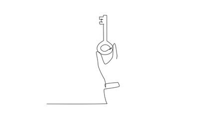 Poster - Animated self drawing of continuous line draw hand holding key. Key takeaways. Hand with an old key. Retro style unlock icon. Classic engraving stylized drawing. Full length single line animation
