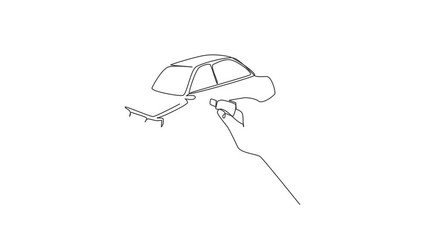 Poster - Animated self drawing of single continuous line draw hand turning the key in the hole on the car door. Man uses key to open the new vehicle. Automobile rental. Full length one line animation