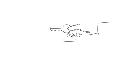 Poster - Animated self drawing of continuous line draw hand holding house key with clipping path. Real estate. Hand holding key from house isolated on white. Buying the house. Full length single line animation