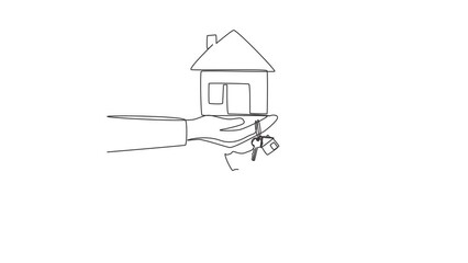 Poster - Animated self drawing of continuous line draw buying-selling houses, refinance your houses, change assets capitalization. Buying a house. Sale and purchase concept. Full length one line animation