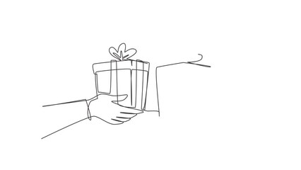 Poster - Animated self drawing of continuous line draw male hand hold present box gift, souvenir. International grant exchange concept holiday, man arm give new year carton. Full length one line animation