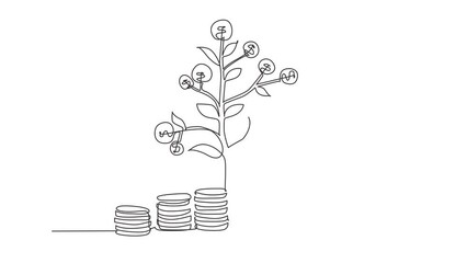 Poster - Animated self drawing of single continuous line drawing businessman hand pick up coin from growing money tree. Background concept for return money saving and investment. Full length one line animation