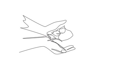 Poster - Self drawing animation of single line draw two hands holding together of a tree. Hands kids team work protecting and reduce global warming earth, top view. Continuous line draw. Full length animated
