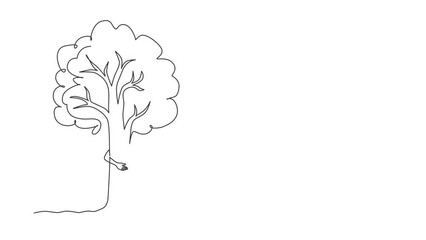 Poster - self drawing animation of single line draw man hugging tree in park. symbol of loving plants and the