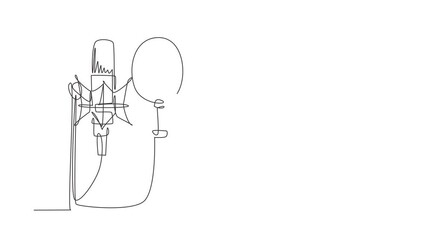 Poster - Self drawing animation of single line draw technology object, sound recording equipment concept. Studio silver microphone and black pop shield on mic stand. Continuous line draw. Full length animated
