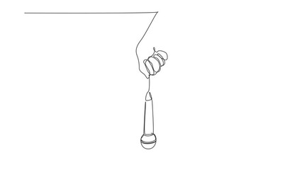 Poster - Animated self drawing of continuous line draw hand holding microphone with lead wrapped around wrist. Man holding microphone in his hand at karaoke singer sings song. Full length one line animation
