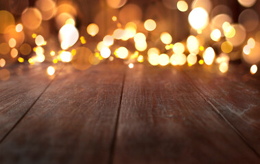 Wall Mural - empty wooden planks with christmas lights